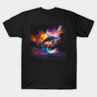 A stunning dolphin jumping through a rainbow ocean T-Shirt